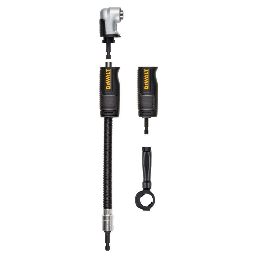 DeWalt right-angle drill attachment set with flexible shaft and multiple quick-change heads for tight spaces.