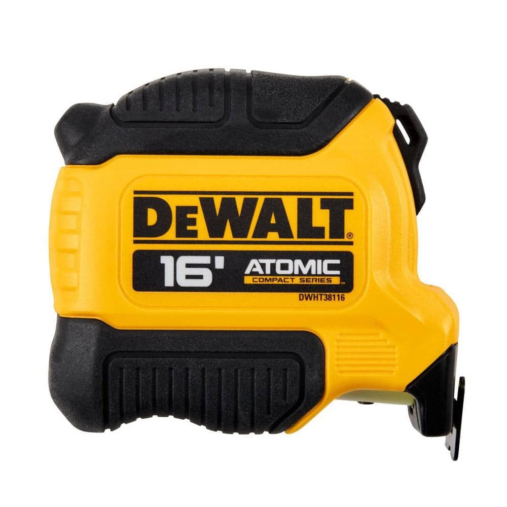 Dewalt 16-foot Atomic Compact Series tape measure with a yellow and black design, featuring a textured grip.