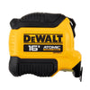 Dewalt 16-foot Atomic Compact Series tape measure with a yellow and black design, featuring a textured grip.