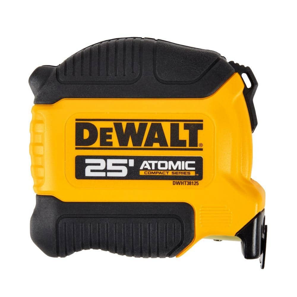 A DeWalt 25-foot tape measure from the Atomic Compact Series, featuring a yellow and black casing with a rugged design for durability.
