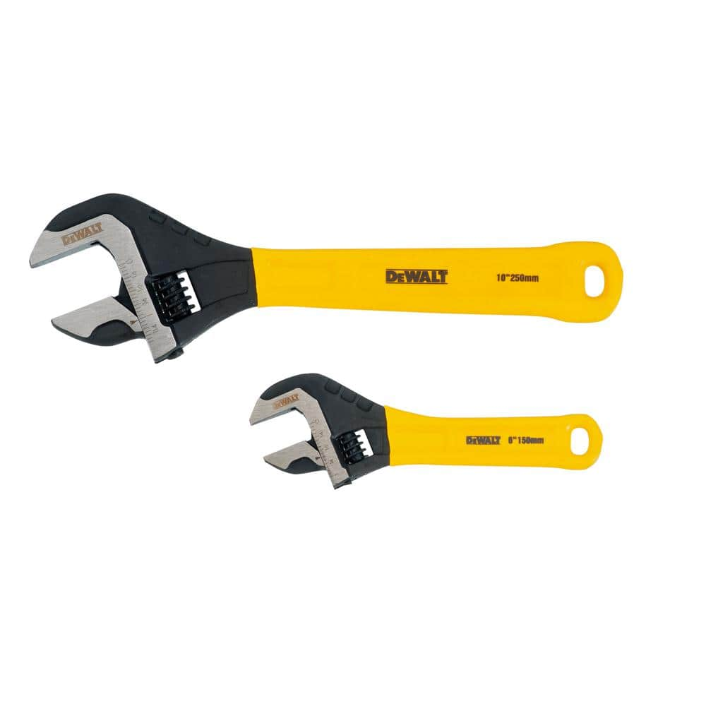 Dewalt adjustable wrench set, including a larger 10-inch wrench and a smaller 6-inch wrench, both with ergonomic yellow handles.