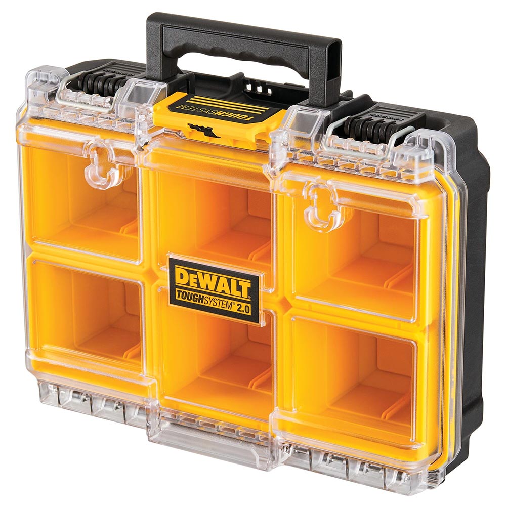 Dewalt ToughSystem 2.0 organizer with six yellow compartments, featuring a clear lid and black handle.