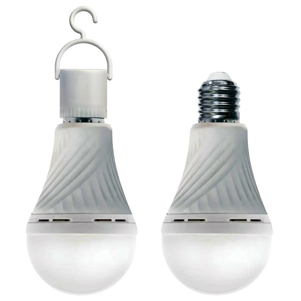 Two LED light bulbs with a smooth, curved design, one featuring a screw-in base and the other with a hook attachment.