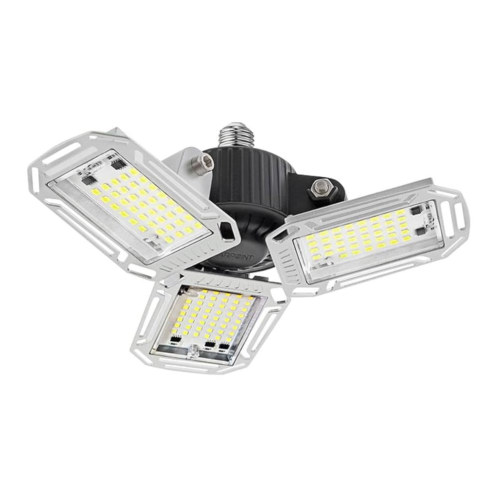 Tri-panel LED light fixture featuring a screw-in socket and foldable rectangular panels for broad illumination.