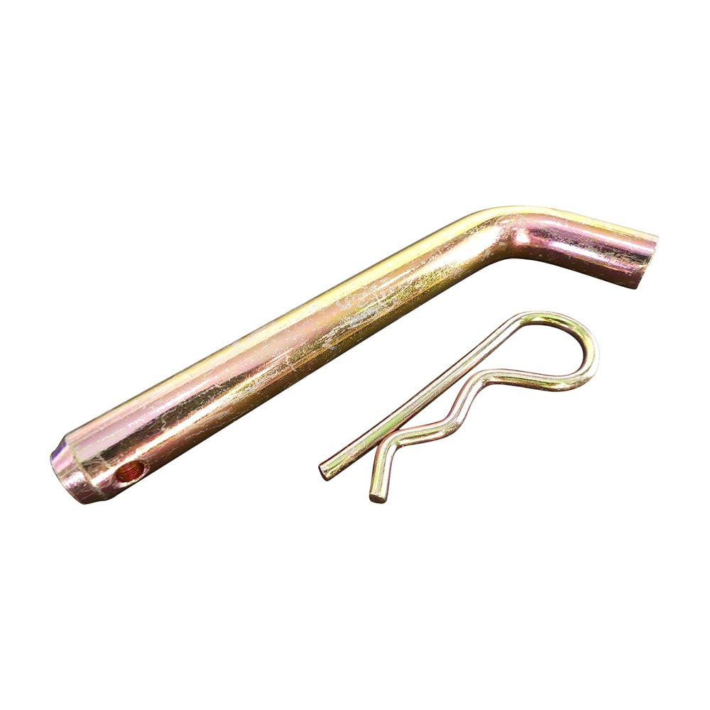 Solid steel hitch pin with bent handle and looped retaining clip, both featuring a smooth plated finish