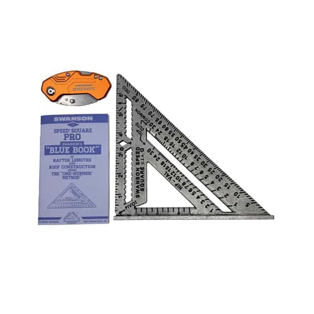 Swanson set with metal triangular speed square featuring etched markings, foldable knife, and booklet