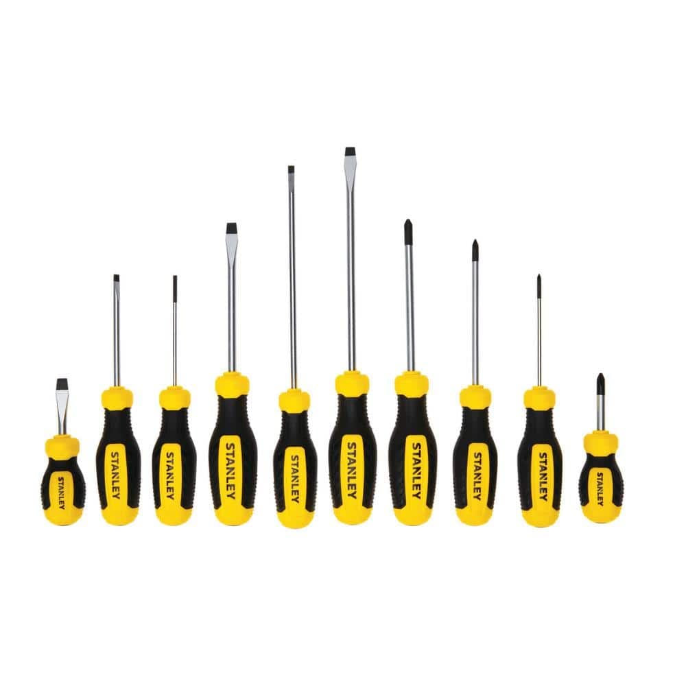 Stanley screwdriver set with ten assorted flathead and Phillips tips, each with black and yellow contoured handles
