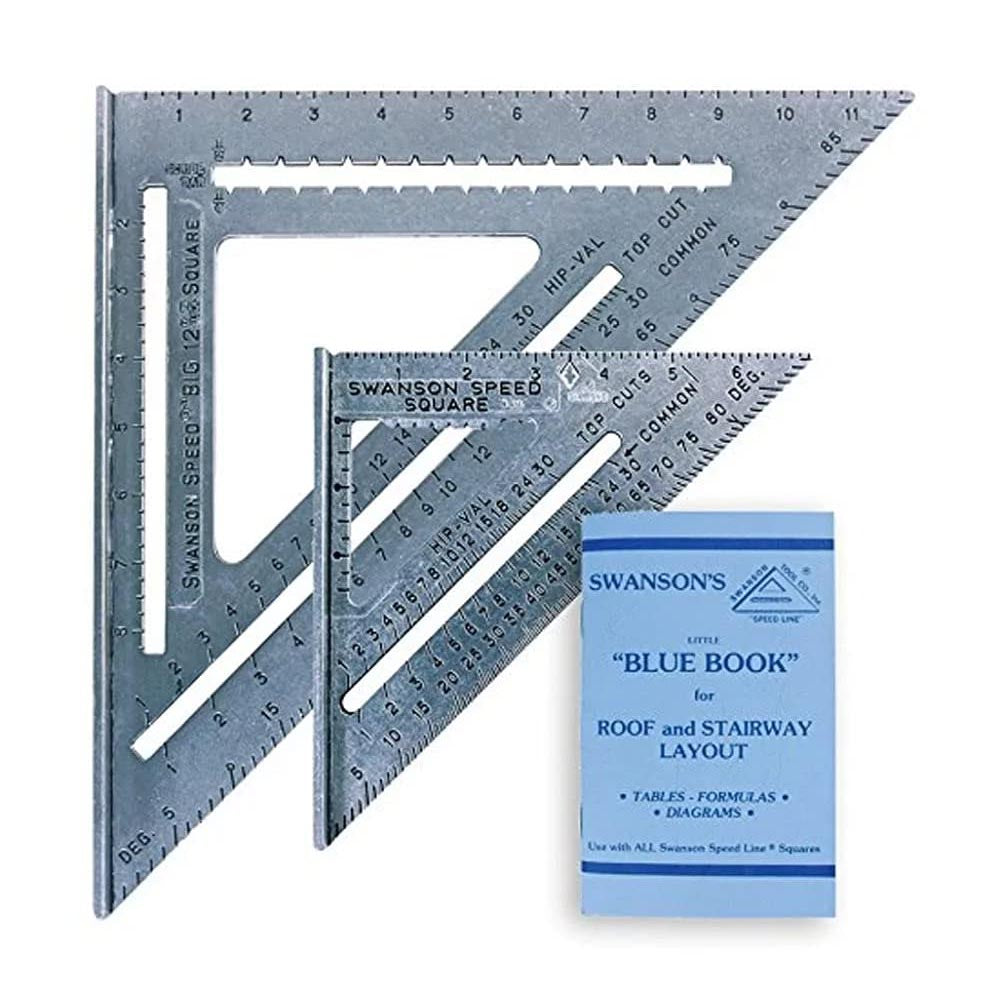 Set of two Swanson Speed Squares, featuring precision markings, and a blue "Blue Book" for roof and stairway layouts.