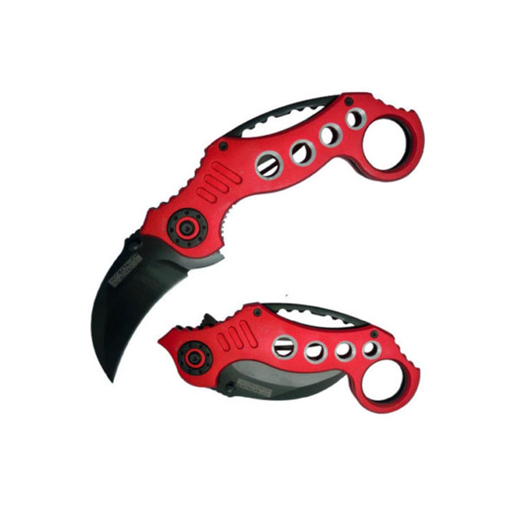 Folding karambit knife with curved black blade, red handle featuring grip holes, and rear finger ring loop