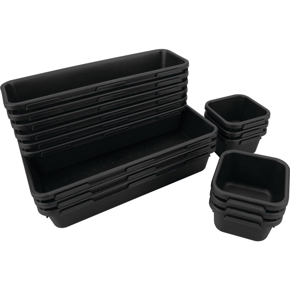 Set of black plastic bins in rectangular and square shapes, nested in stacks with smooth rounded edges