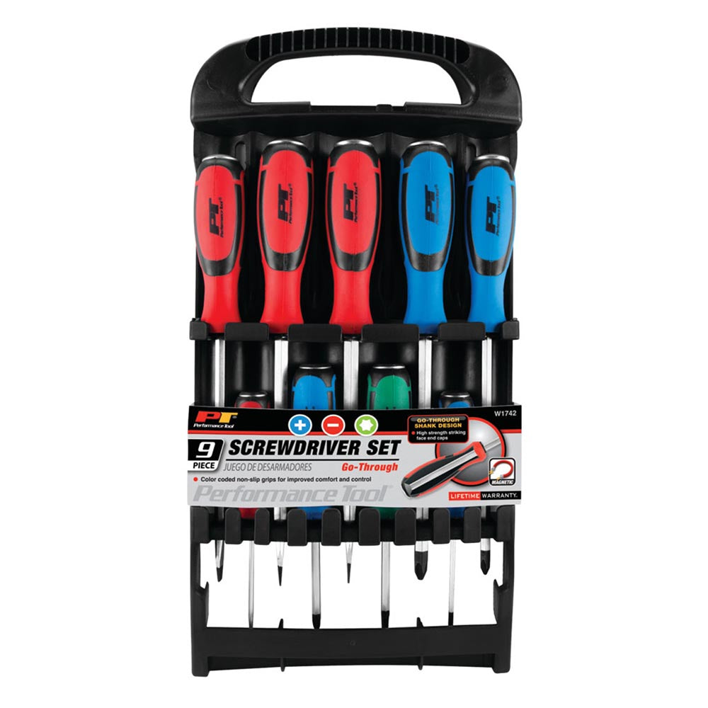 Performance Tool 9-piece screwdriver set with color-coded handles in black holder and visible steel shafts