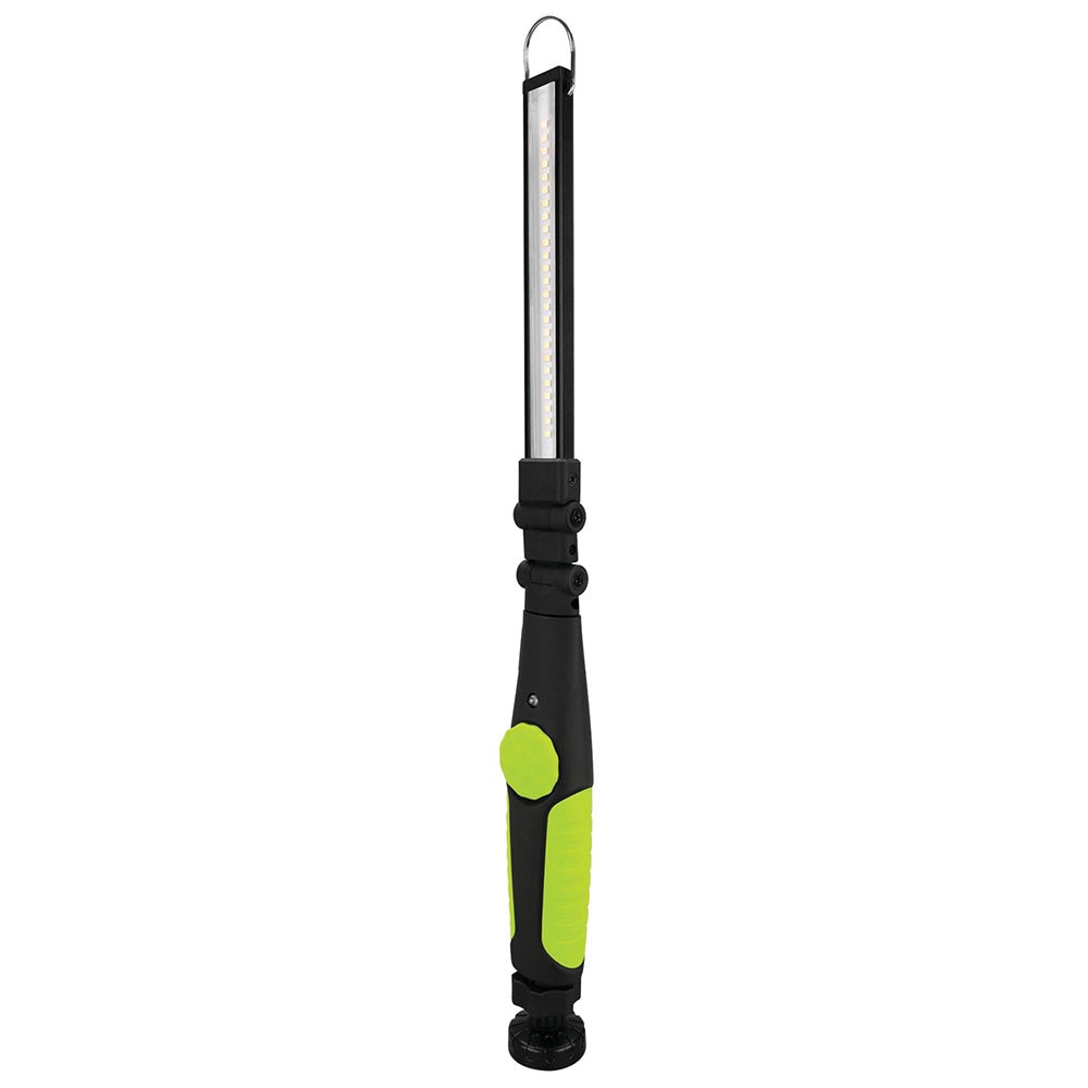 A black and green handheld LED work light with a slim, elongated design and a hook at the top for hanging, ideal for illuminating tight spaces.
