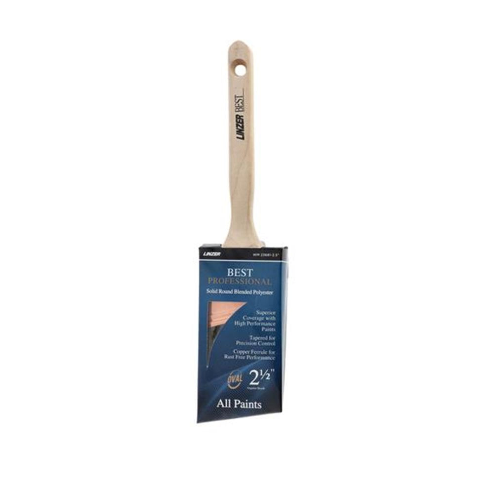 Linzer paintbrush with flat wooden handle, oval ferrule, and tapered synthetic bristles in retail sleeve