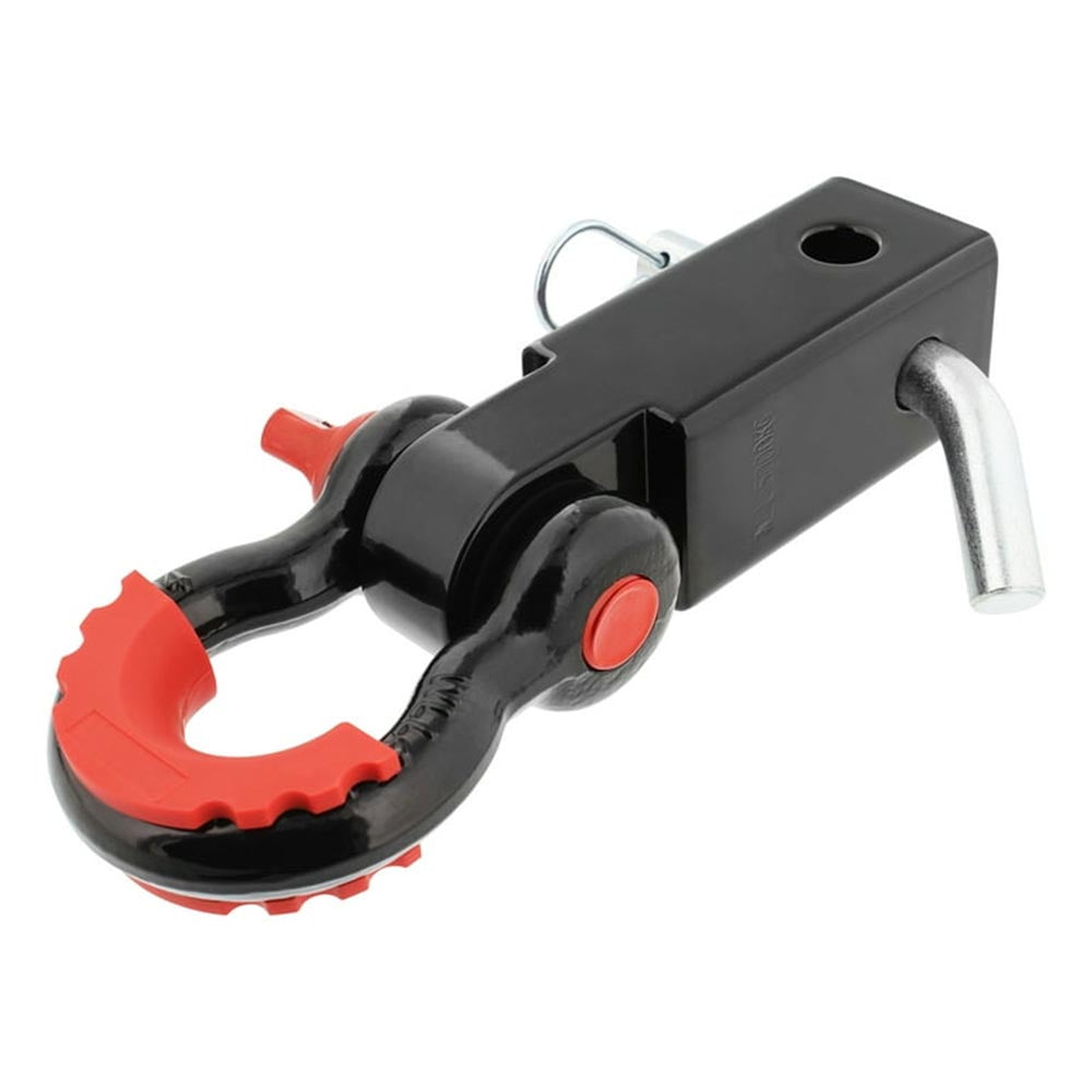 Heavy-duty hitch receiver shackle with a black metal body, red rubberized grip, secure locking pin, and reinforced design.