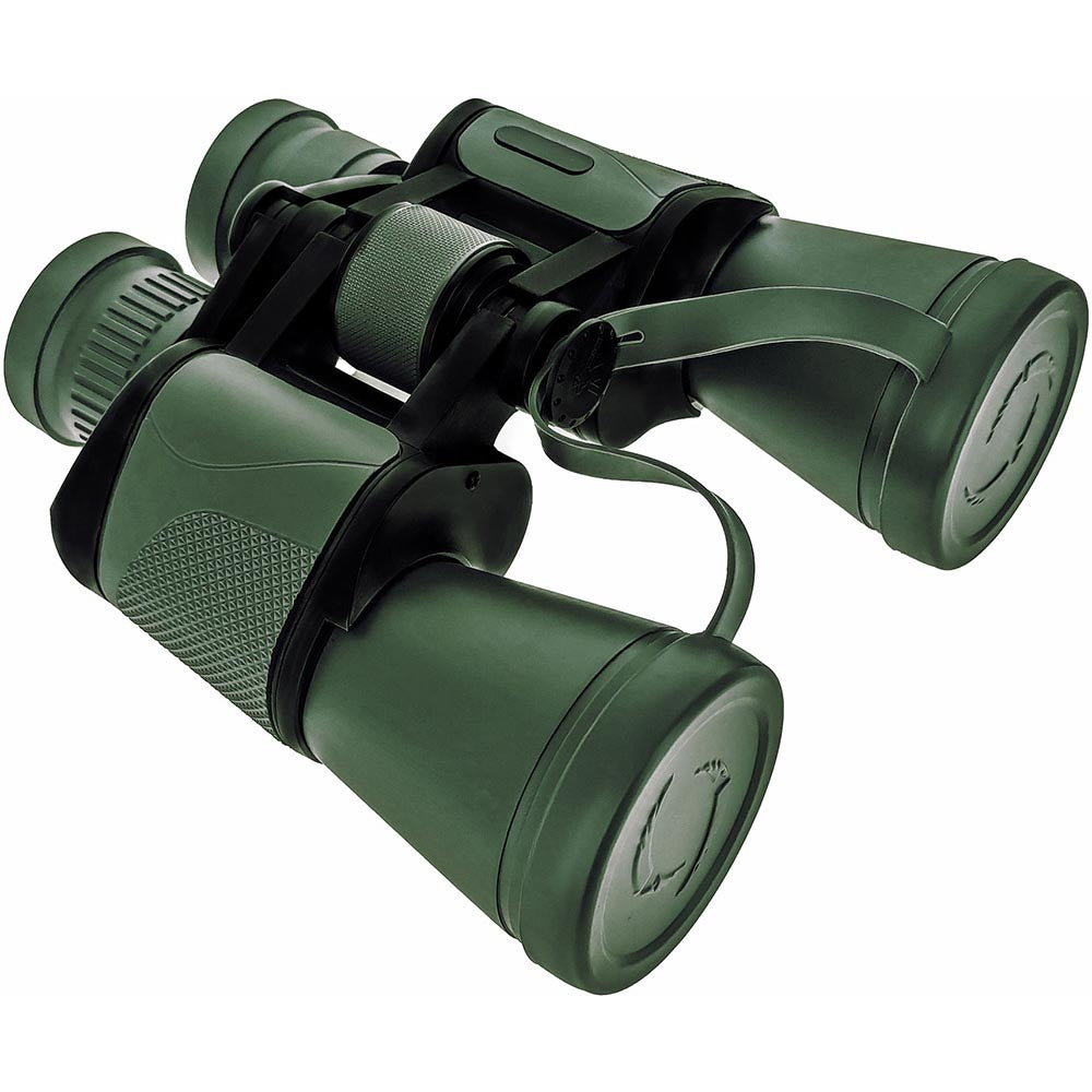 Green binoculars with textured grips, adjustable focus dial, and durable lenses, featuring a central hinge design.