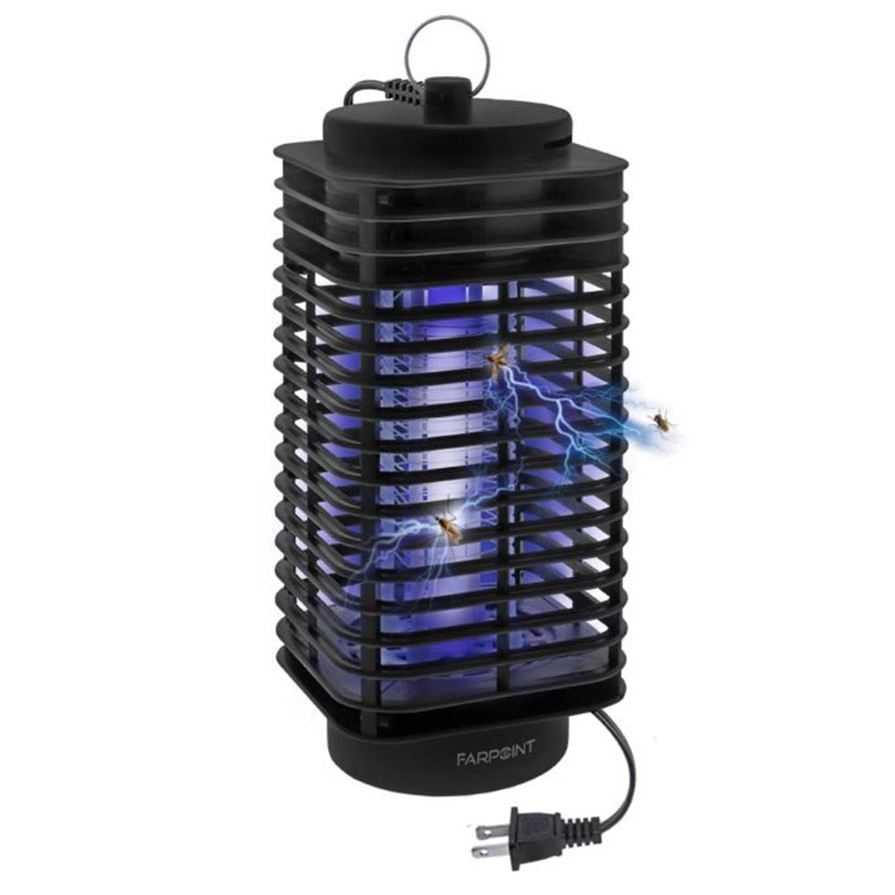 Farpoint electric bug zapper with a rectangular black housing, protective grid, ultraviolet light, and a hanging loop.