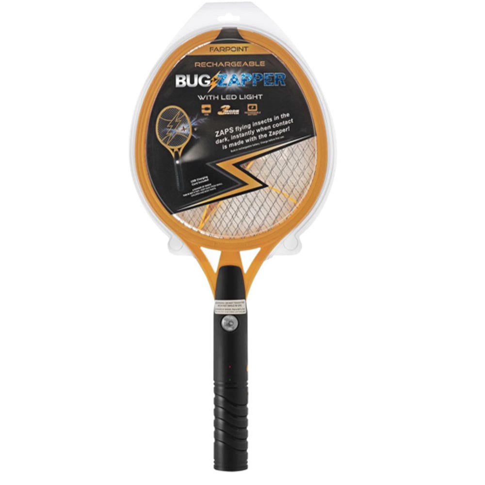 Rechargeable bug zapper shaped like a tennis racket, with a yellow frame, metal mesh, and black grip handle.