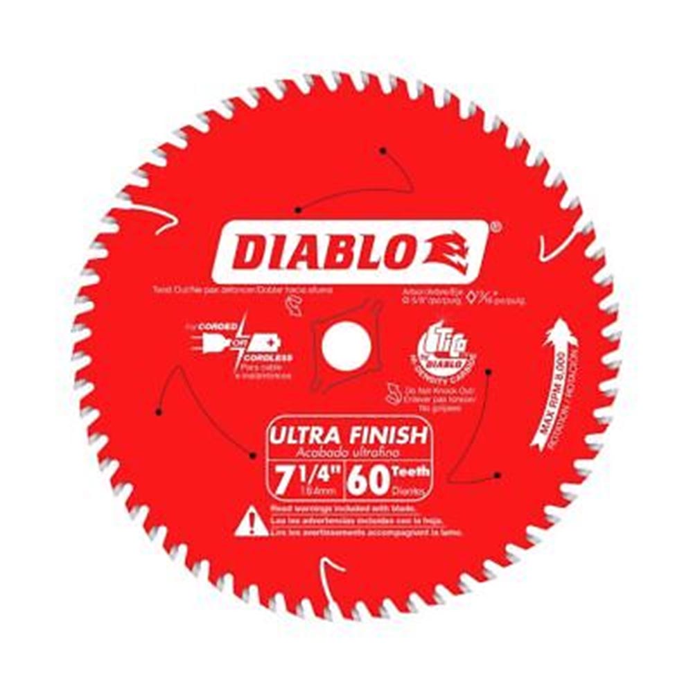 Diablo 7-1/4-inch circular saw blade with 60 carbide-tipped teeth, a bright red body, and laser-cut slots.