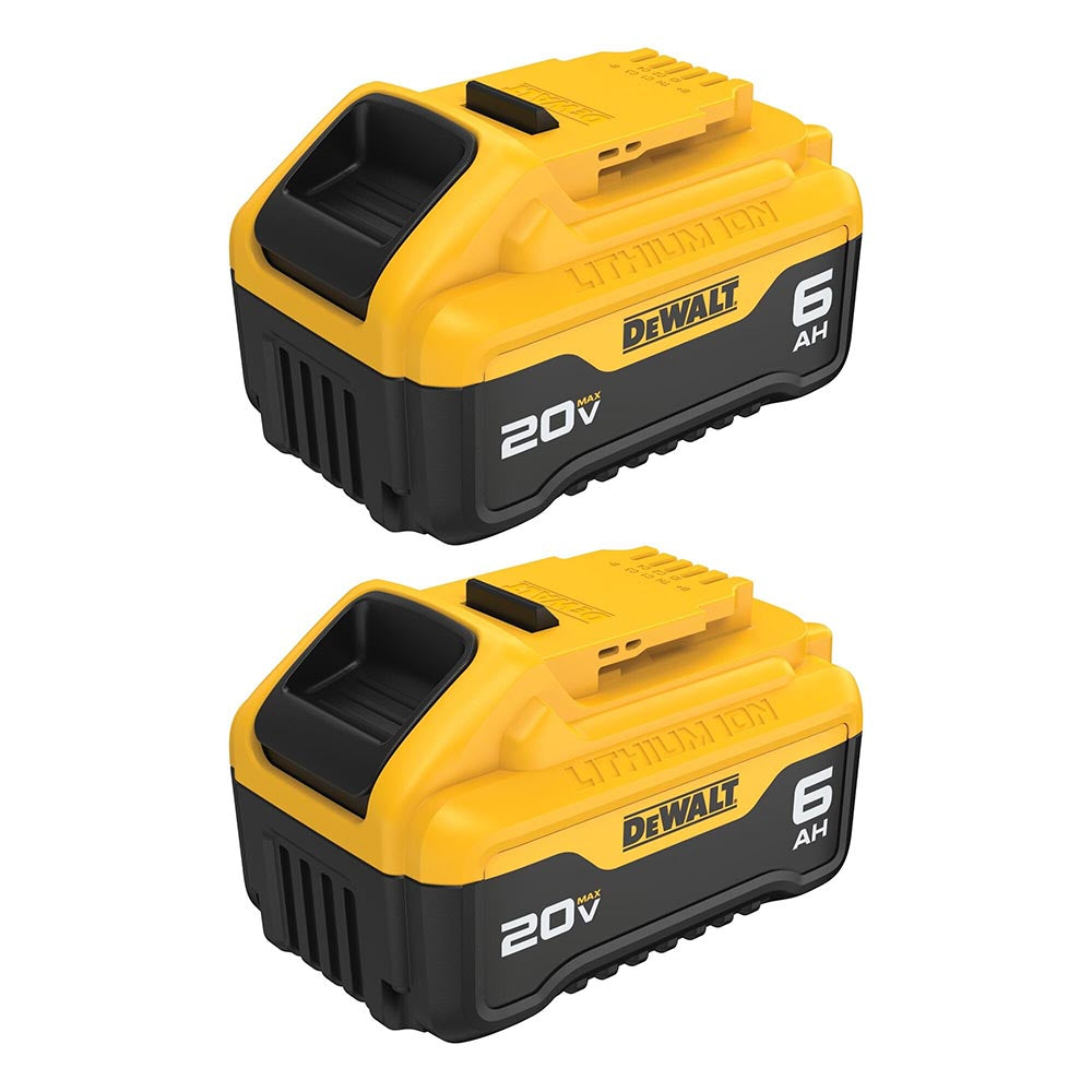 A pair of DeWalt 20V Max 6.0Ah rechargeable lithium-ion batteries, featuring a yellow and black color scheme, compatible with various DeWalt power tools.