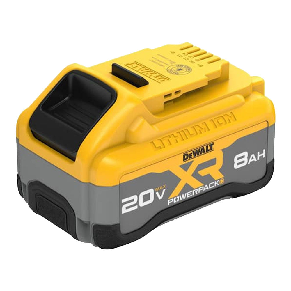 Lithium-ion battery pack with DeWalt branding, smooth casing, black latch, and visible 8Ah marking.
