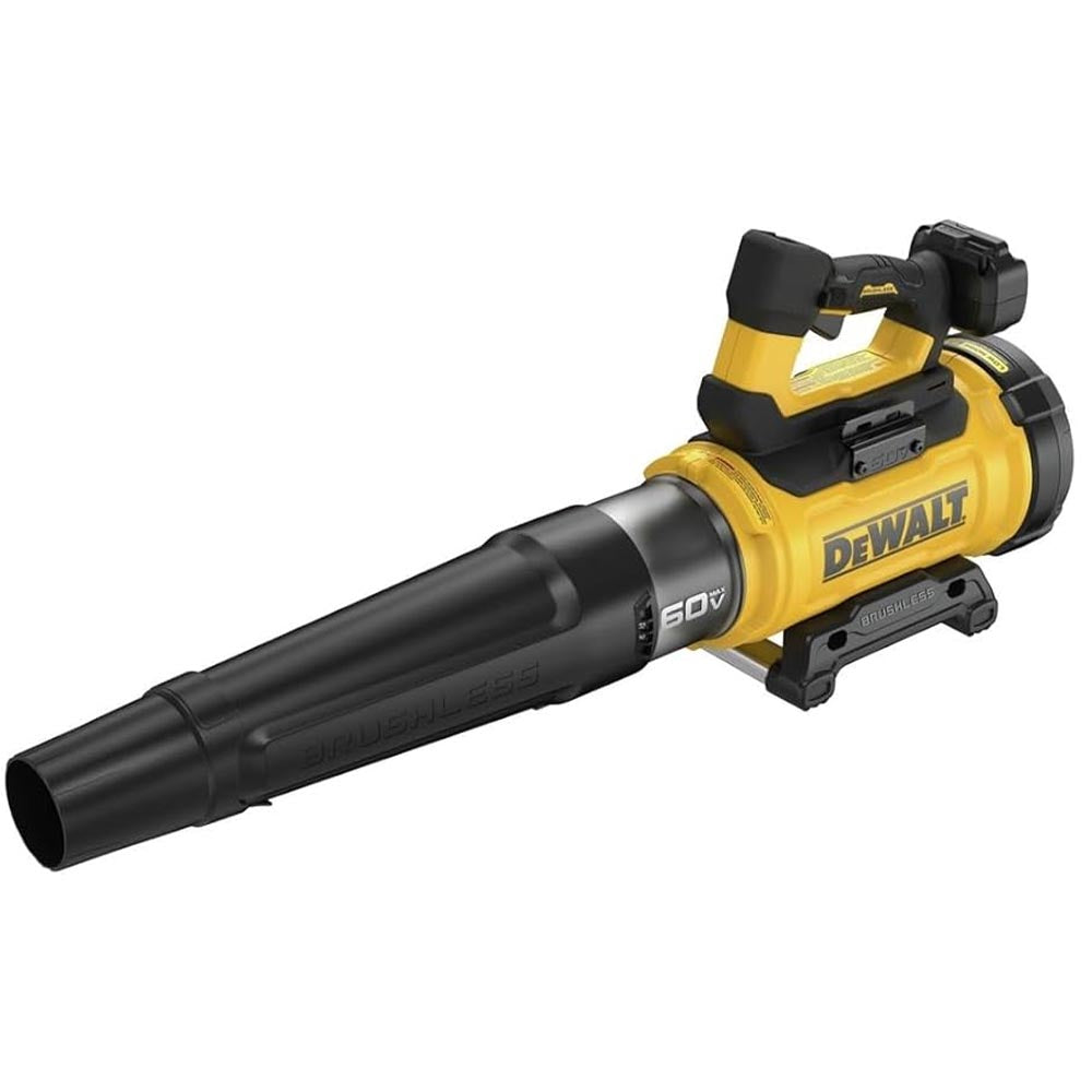 Dewalt handheld blower with a yellow body and black nozzle, featuring a brushless motor and ergonomic handle.