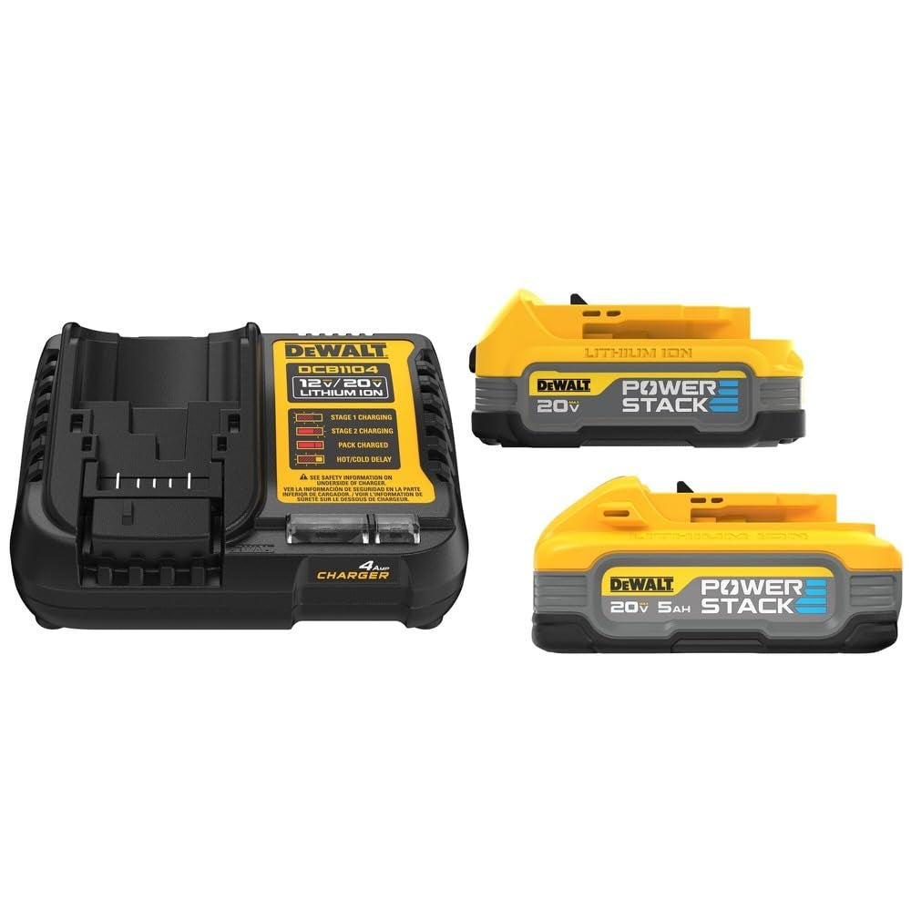 A DeWalt 20V PowerStack battery kit, comprising two compact lithium-ion batteries and a 12V/20V charger, ideal for powering various DeWalt cordless tools.