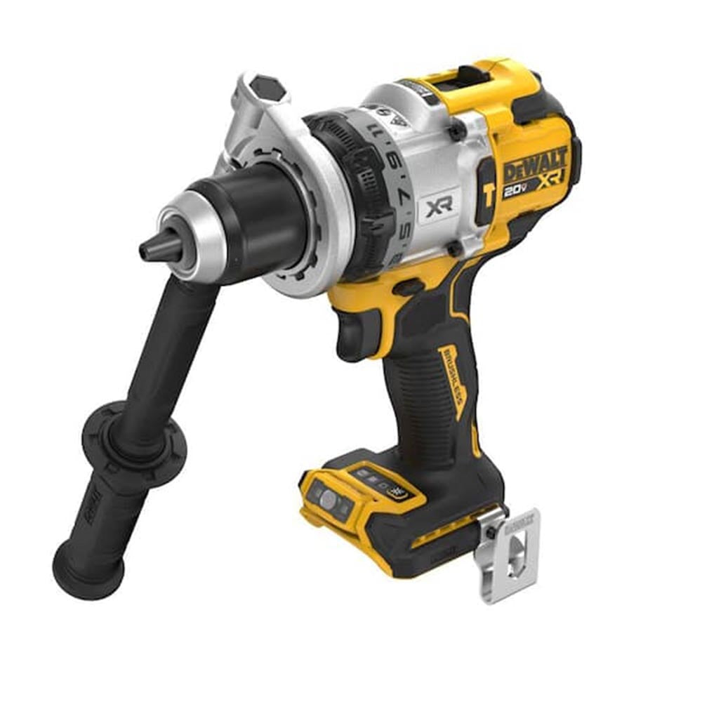 DeWalt 20V XR hammer drill with a robust metal chuck, auxiliary handle, precision clutch, and ergonomic grip design.