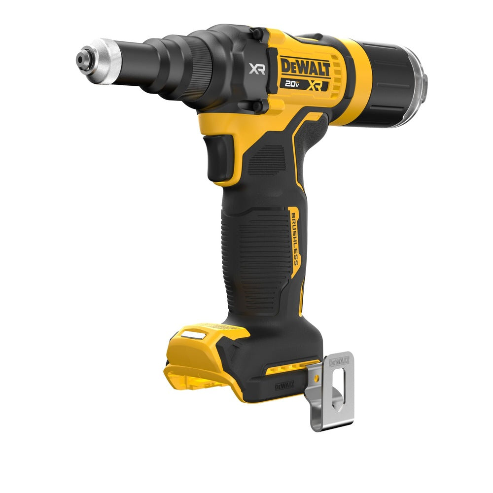 DeWalt 20V XR rivet gun with ergonomic grip, metal belt clip, and precision nozzle for rivet application.