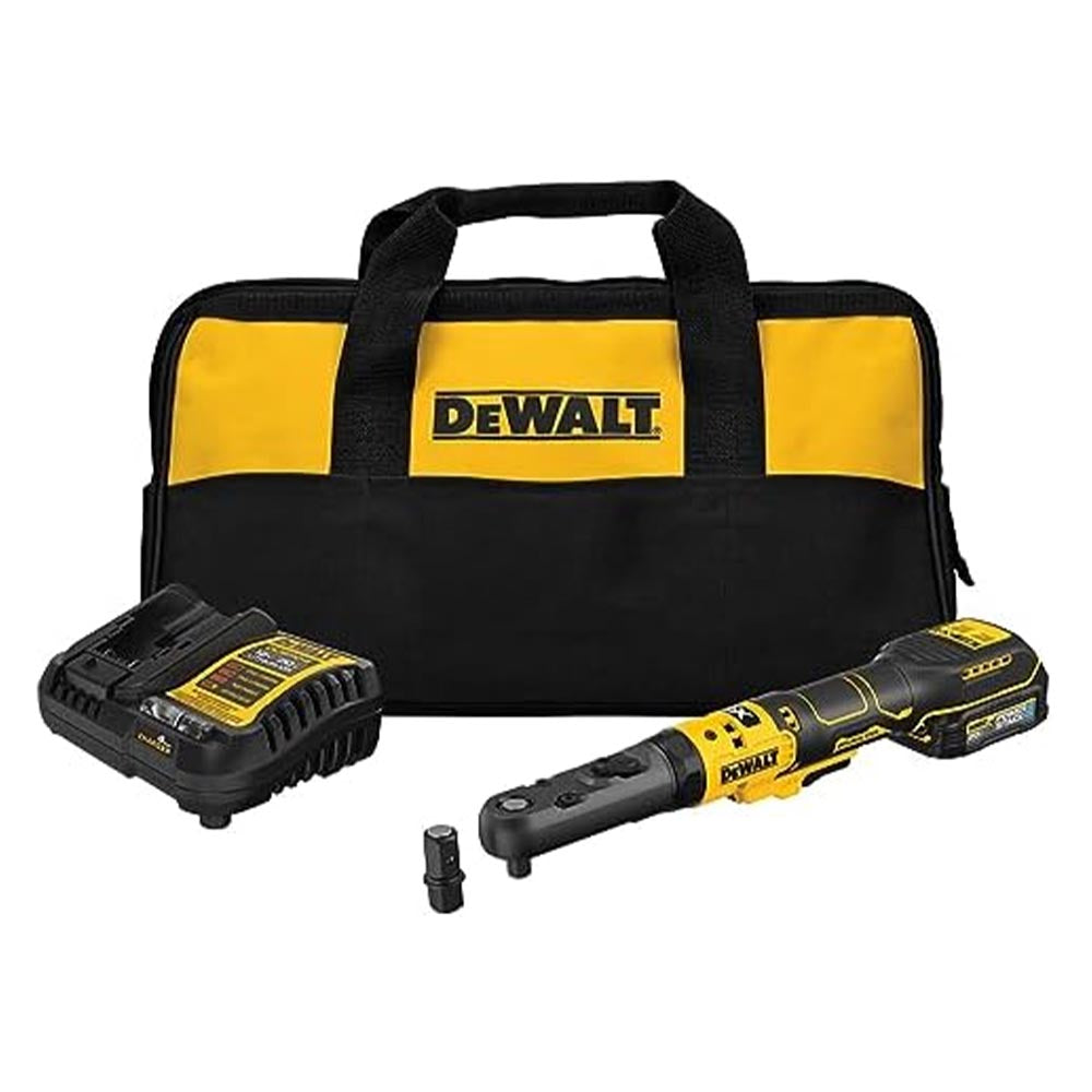 A DeWalt cordless ratchet wrench kit with a 20V yellow and black ratchet, a battery charger, a socket adapter, and a DeWalt-branded carrying bag
