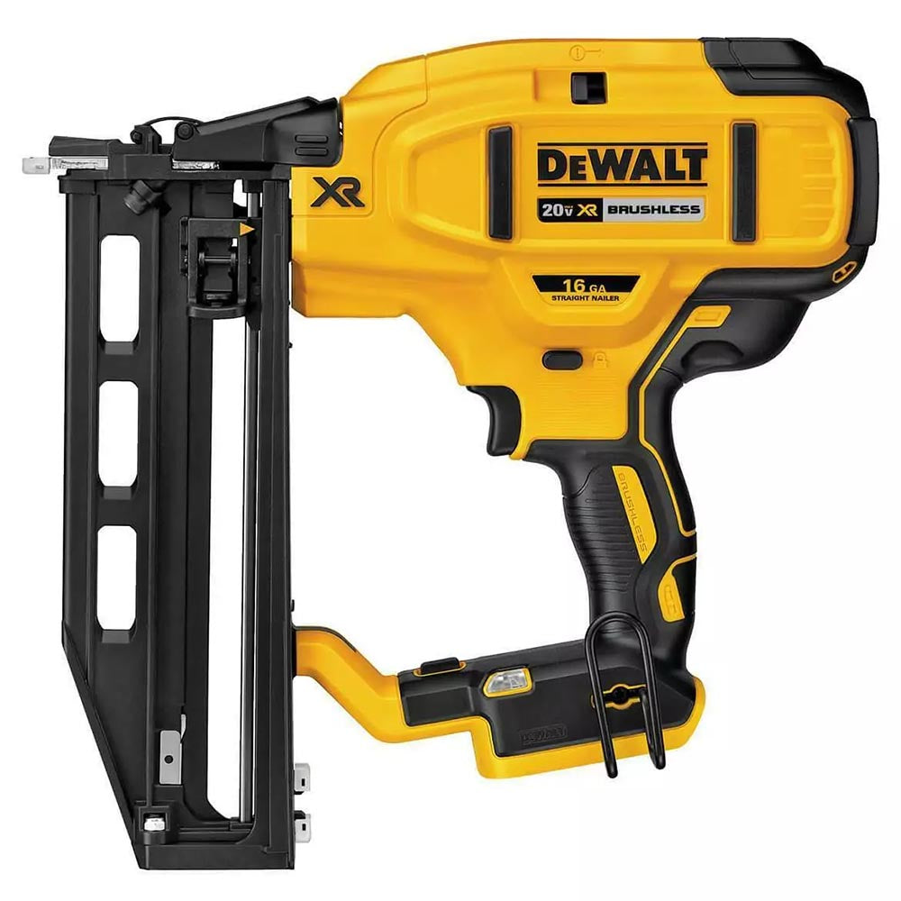 A DeWalt 20V XR cordless nailer in yellow and black, featuring a brushless motor, designed for 16-gauge straight nails, with an ergonomic grip and durable magazine