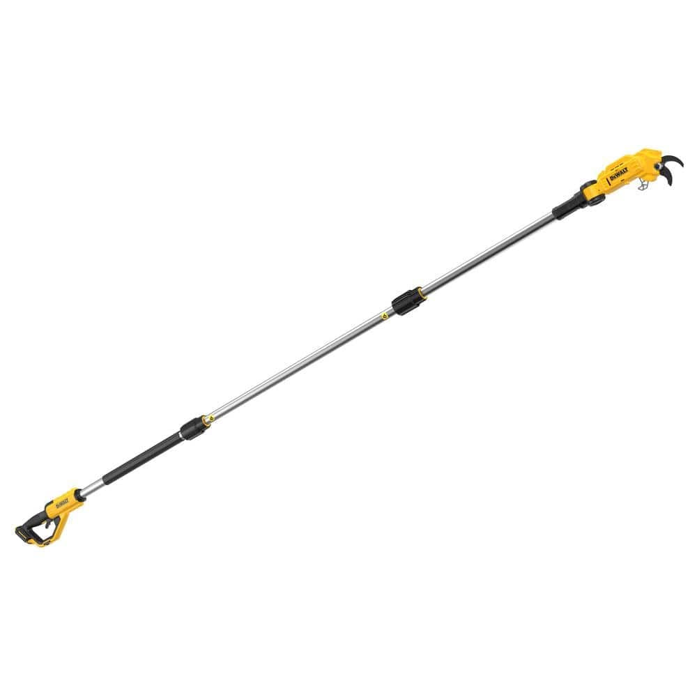 DeWalt pole pruner with extended silver shaft, angled top housing, and hooked cutting head at the tip