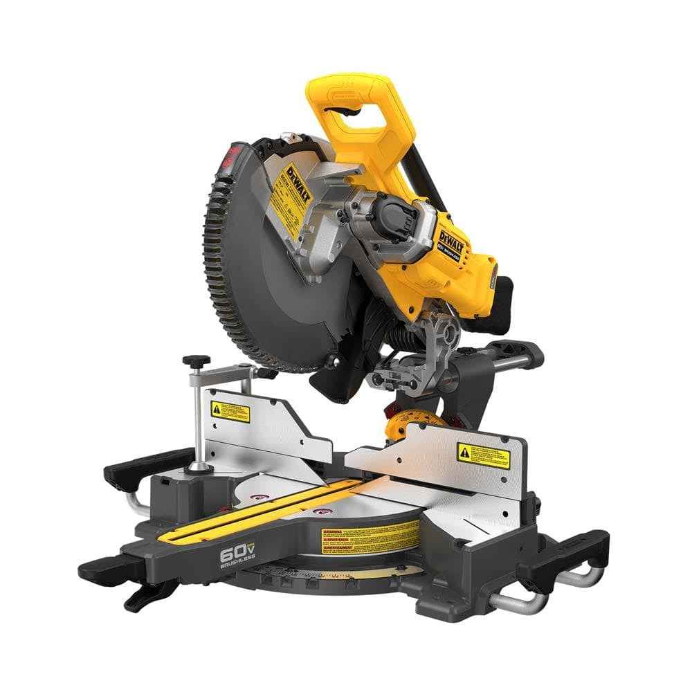 DeWalt 60V brushless miter saw with a durable base, adjustable fence, ergonomic handle, and precision bevel scale.
