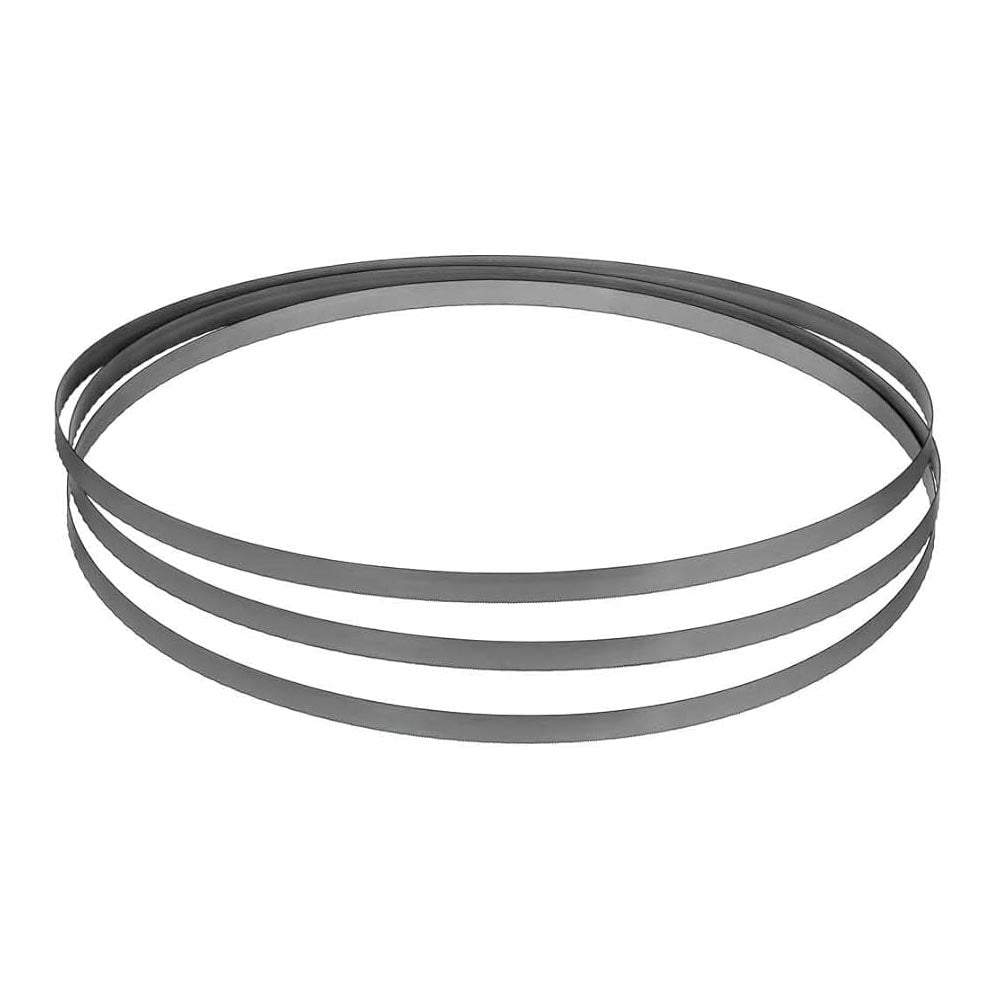 Set of metallic band saw blades with a continuous loop design, featuring fine teeth along the edges.