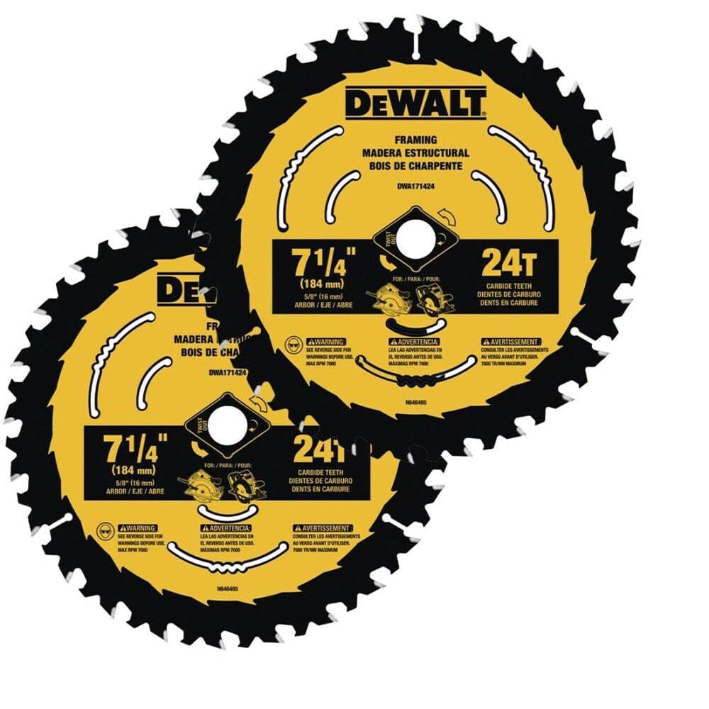 DeWalt 7-1/4-inch circular saw blades with 24 carbide-tipped teeth, laser-cut expansion slots, and a 5/8-inch arbor.