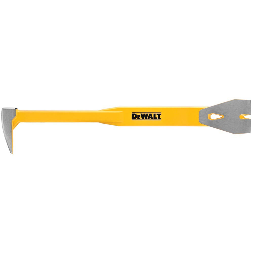 DeWalt flat pry bar with a straight, yellow body, beveled edge on one end, and notched cutout on the other.