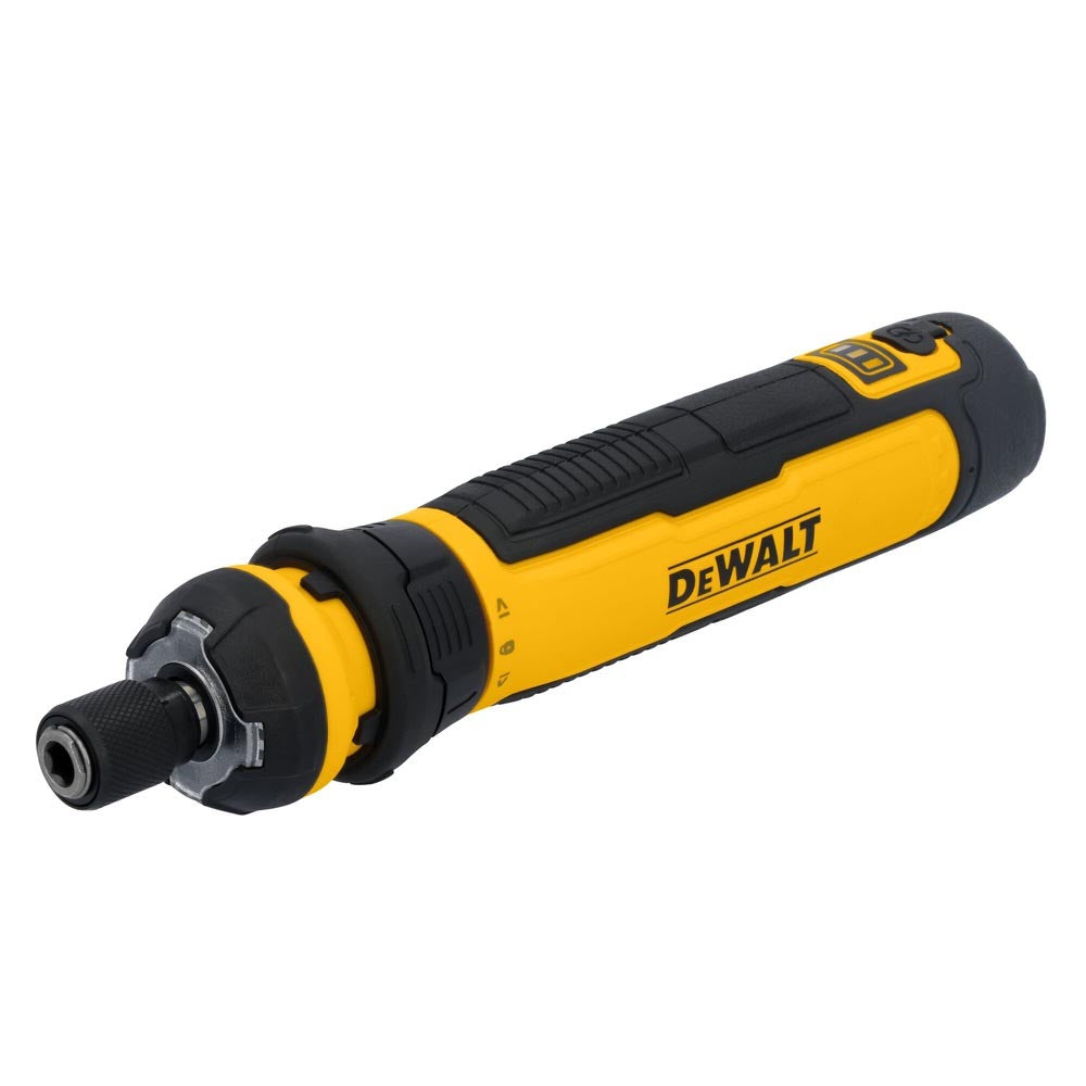 DeWalt power tool with a compact cylindrical body, rubberized grip, digital control buttons, and a metal chuck.