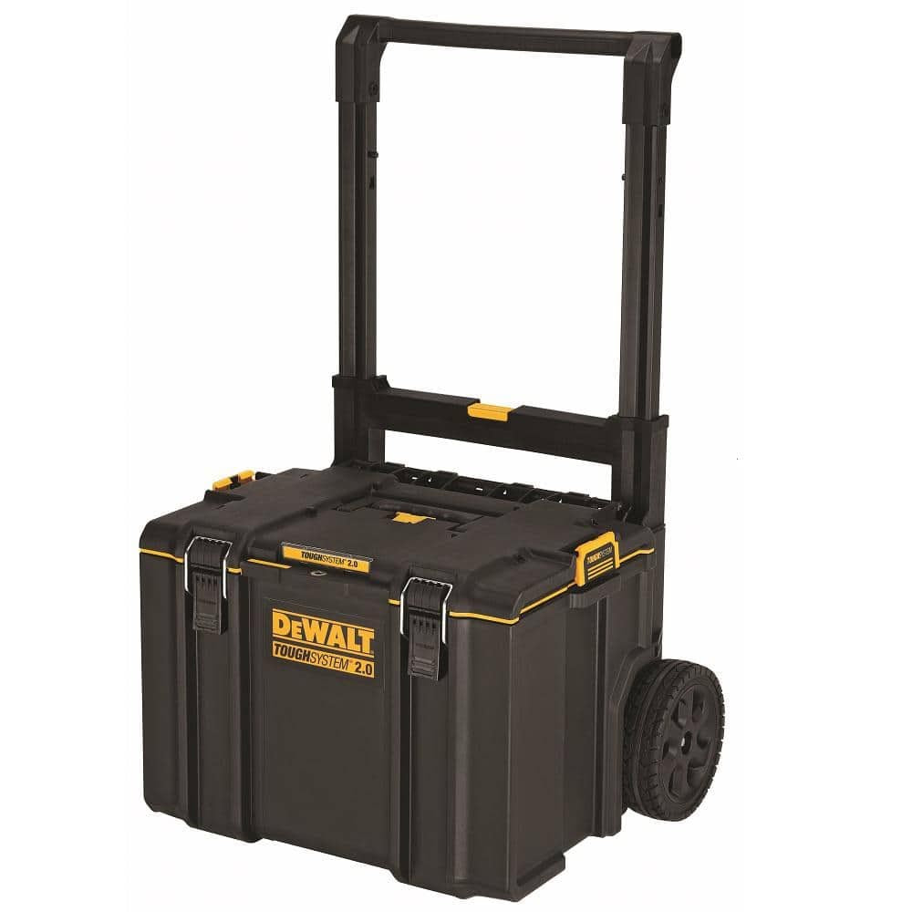 Dewalt ToughSystem 2.0 rolling tool storage box with a durable black case, large wheels, and a telescoping handle.