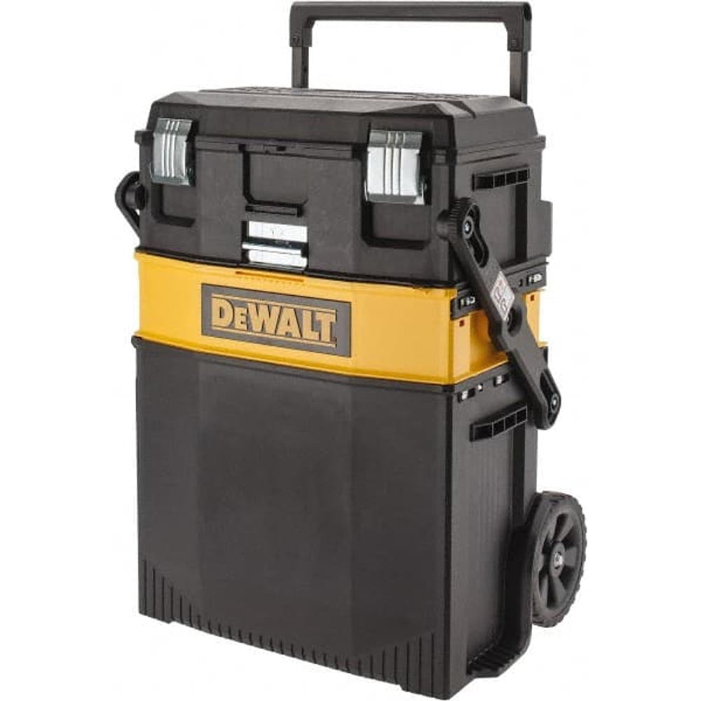 DeWalt rolling toolbox with an extendable handle, dual metal latches, and large wheels for easy transport.