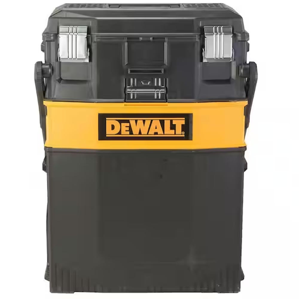 DeWalt black and yellow toolbox with a large central compartment, metal latches, and an integrated handle.
