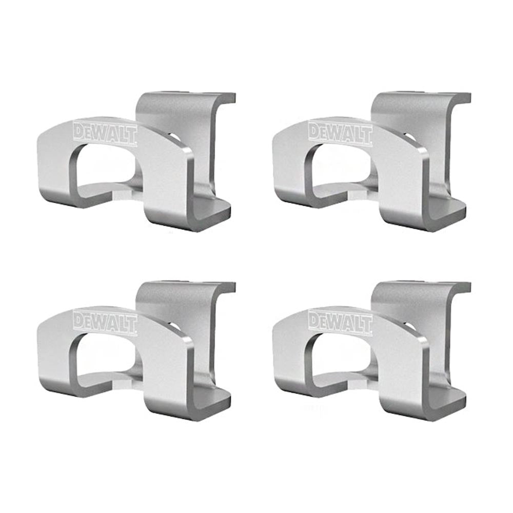 Set of four DeWalt metal belt clips with a compact, U-shaped design, shown in silver.
