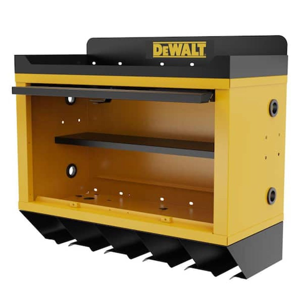DeWalt wall-mounted tool storage rack in yellow and black, featuring multiple compartments and a shelf for organization.