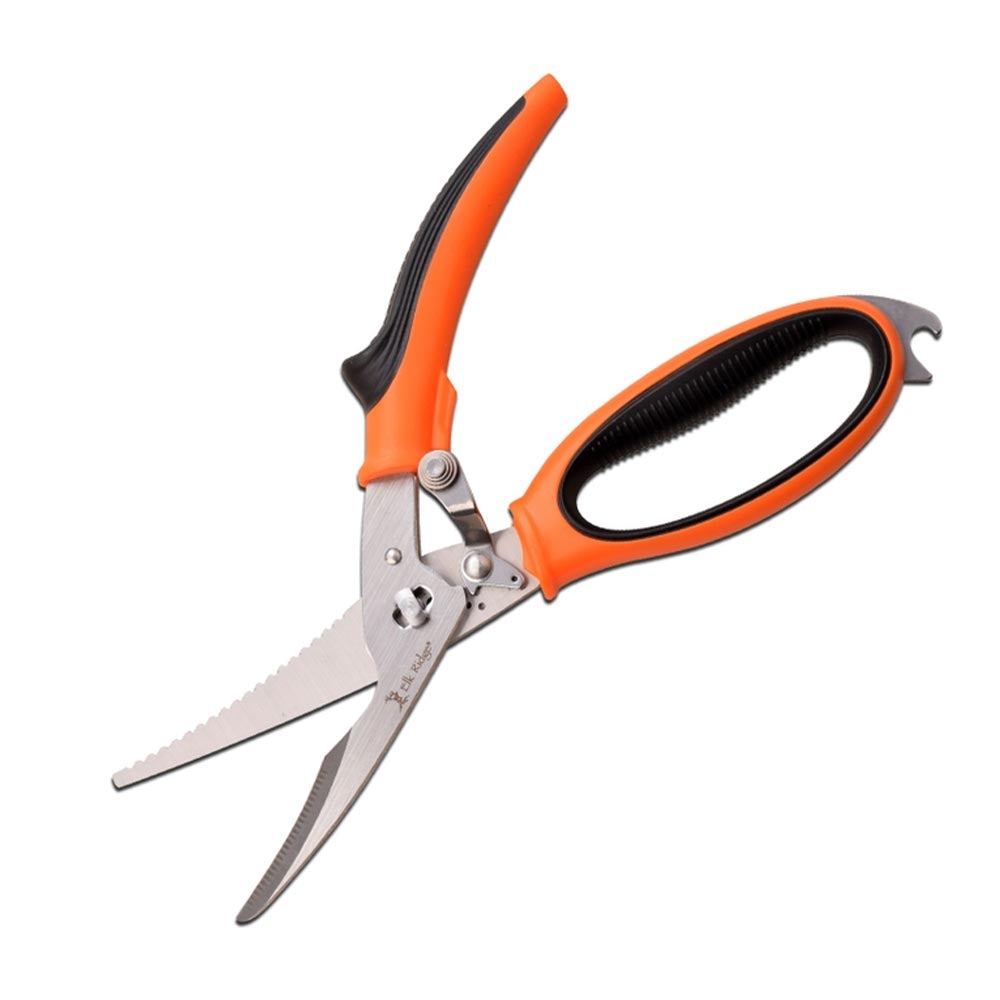 Curved stainless steel blades with micro-serrated edge, orange contoured grips and black textured inlays