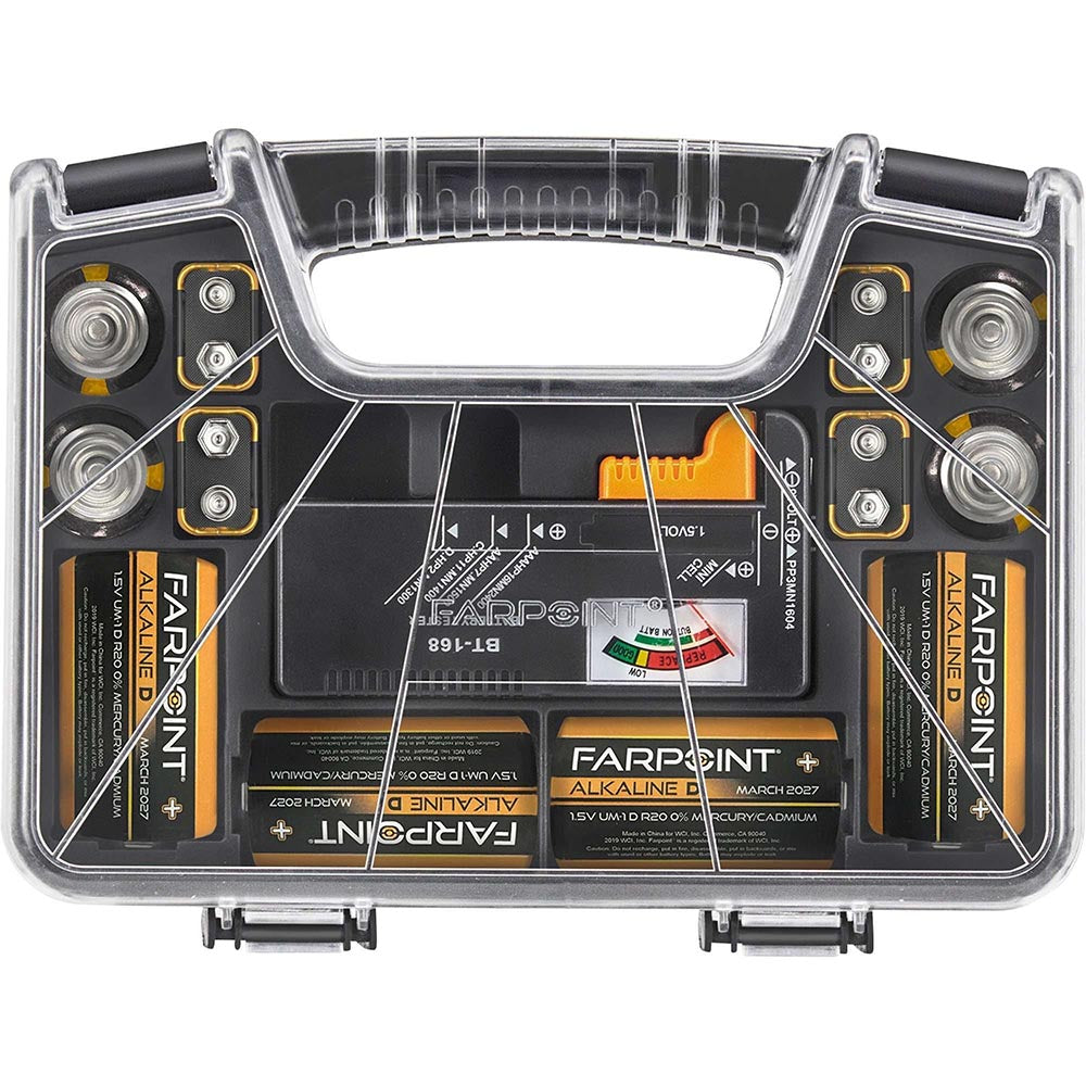 Farpoint battery storage case with various alkaline batteries and a tester, featuring a clear plastic cover and handle.