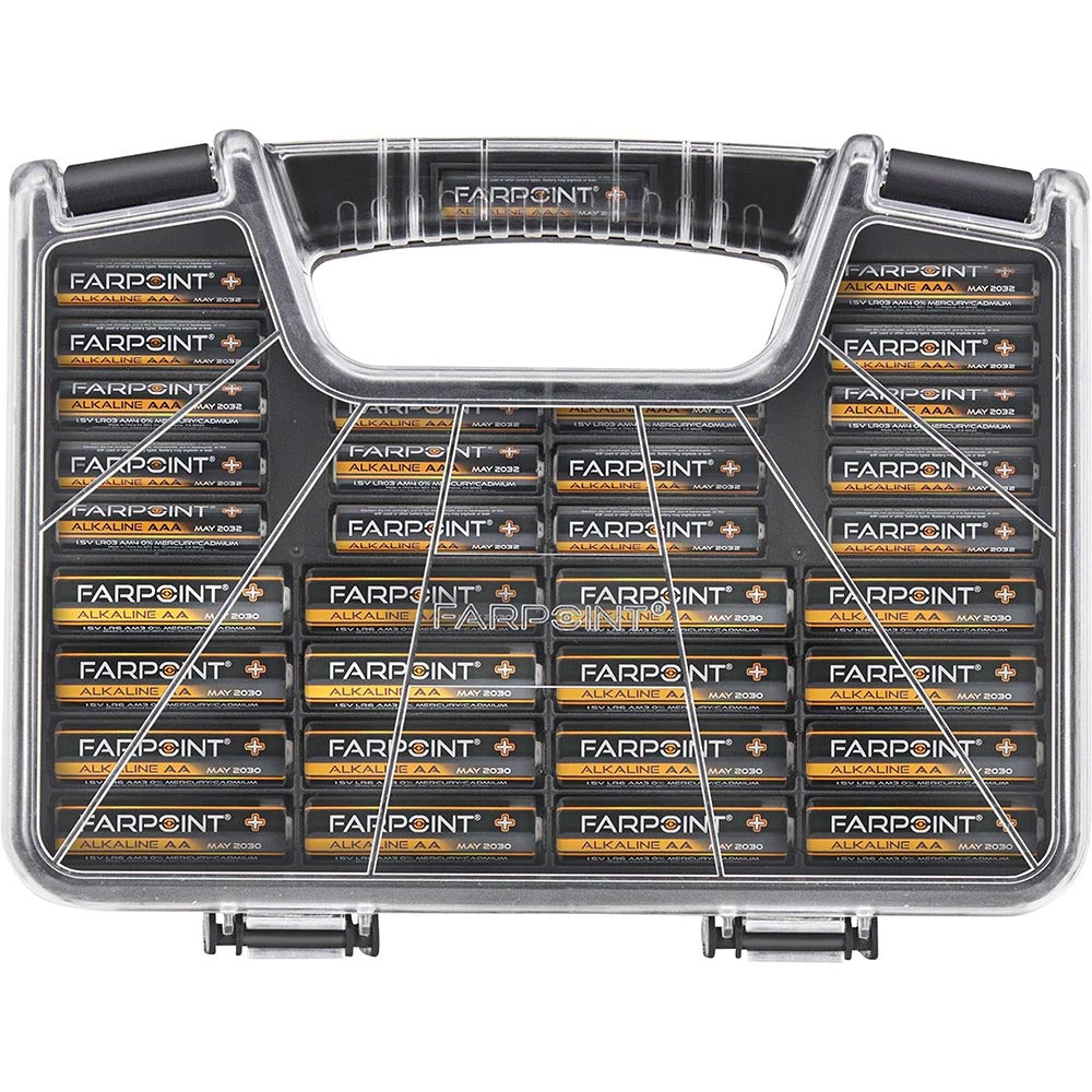 Farpoint battery storage case filled with multiple rows of AA and AAA alkaline batteries, featuring a clear plastic lid and handle.