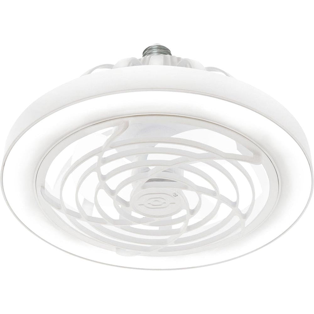 Circular LED light fixture with a white vented design and screw-in base, featuring a ring of light around the edge.