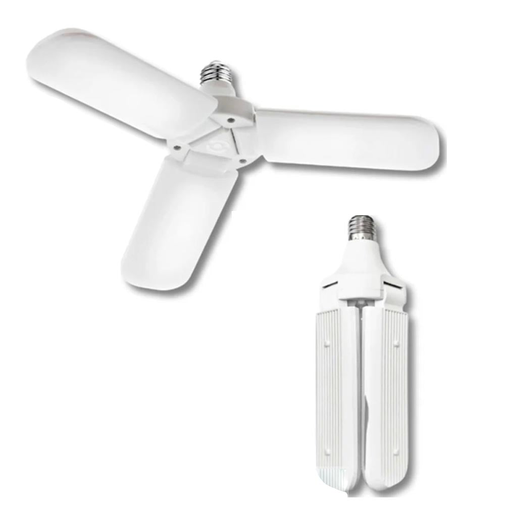 Foldable LED light bulb with three large white panels in open and folded positions, featuring an E26 screw base.