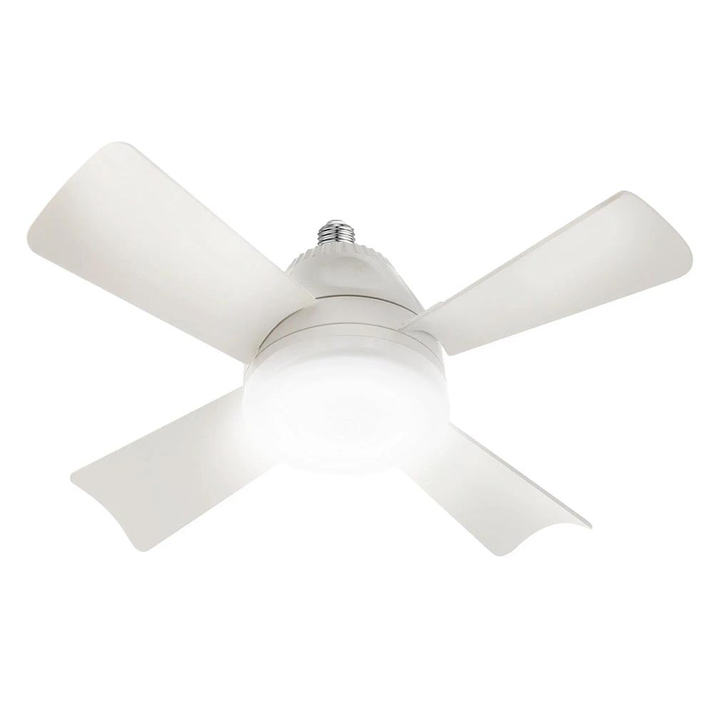 Compact fan featuring a standard screw base, a smooth cylindrical body, four aerodynamic blades, and a built-in light.