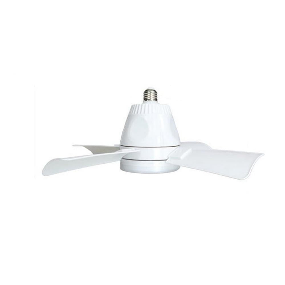 Compact ceiling fan with a screw-in base, a rounded central hub, and four slightly curved blades extending outward.