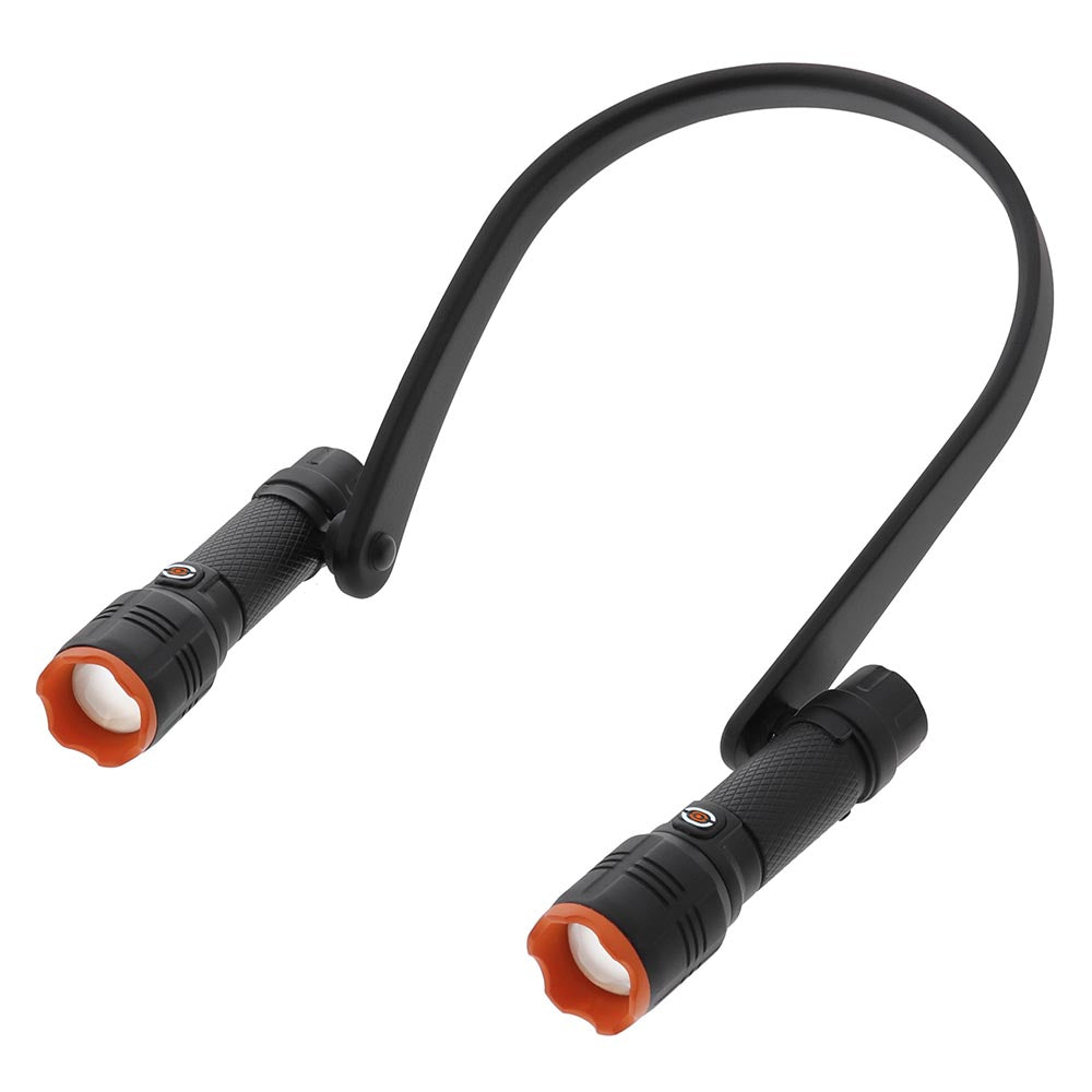 Flexible neck-mounted flashlight with two cylindrical black lights on each end, featuring orange accents.