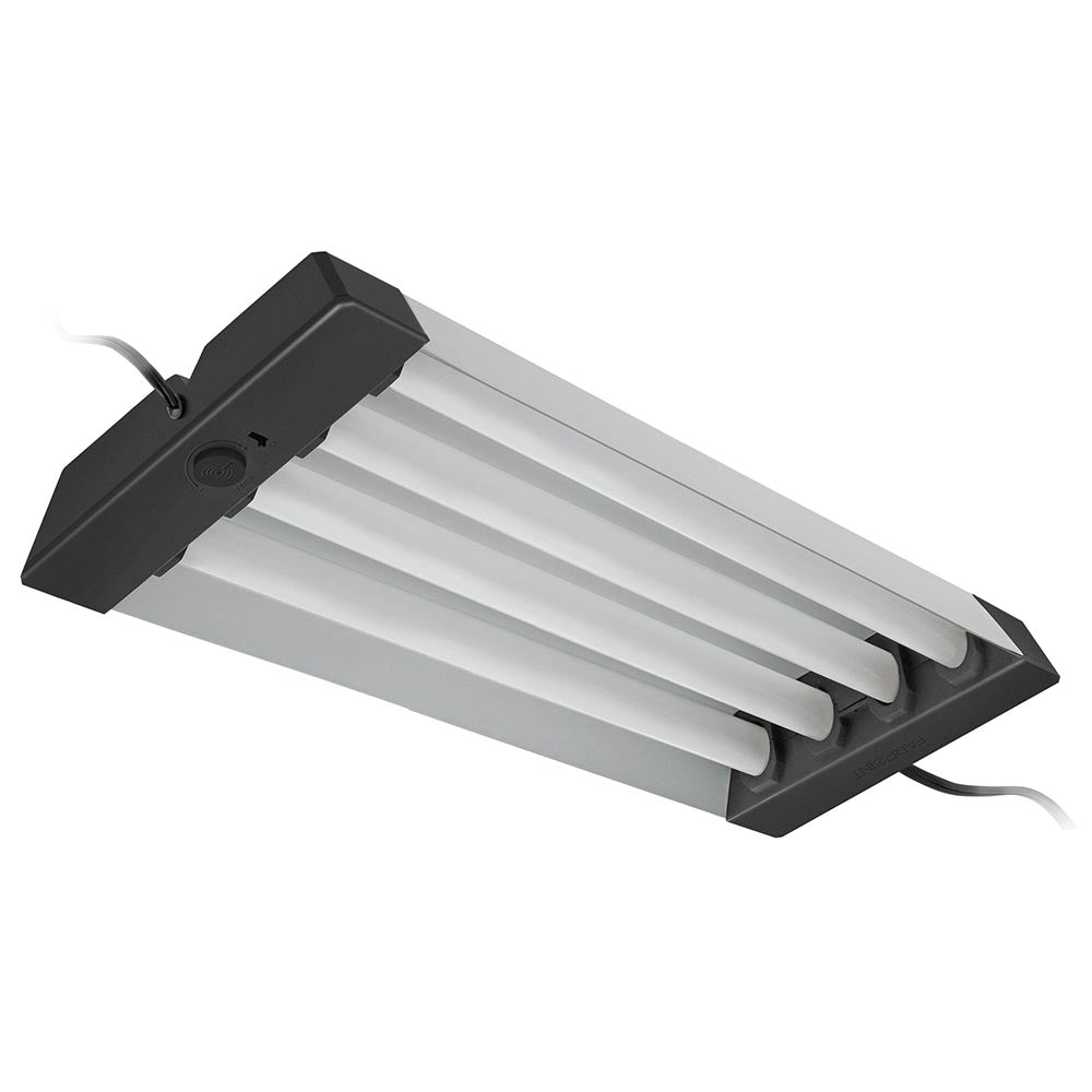 Rectangular ceiling light with four tubular LED bulbs and a black frame, including a visible power cord.